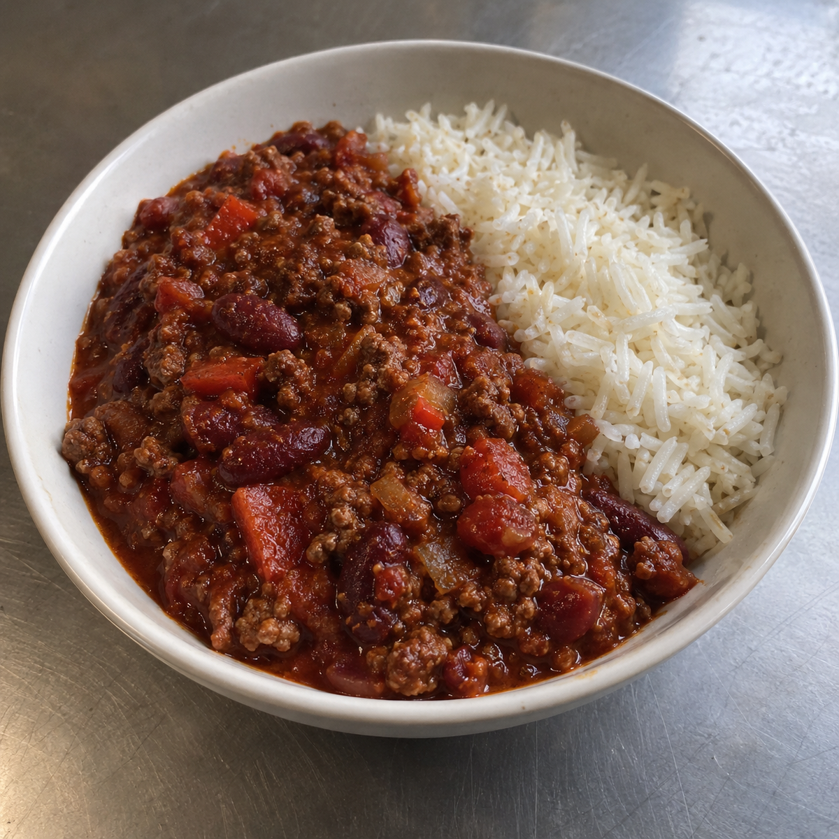 Chili con carne met rundsgehakt, rode bonen en basmatirijst van Arno’s to go in Beveren